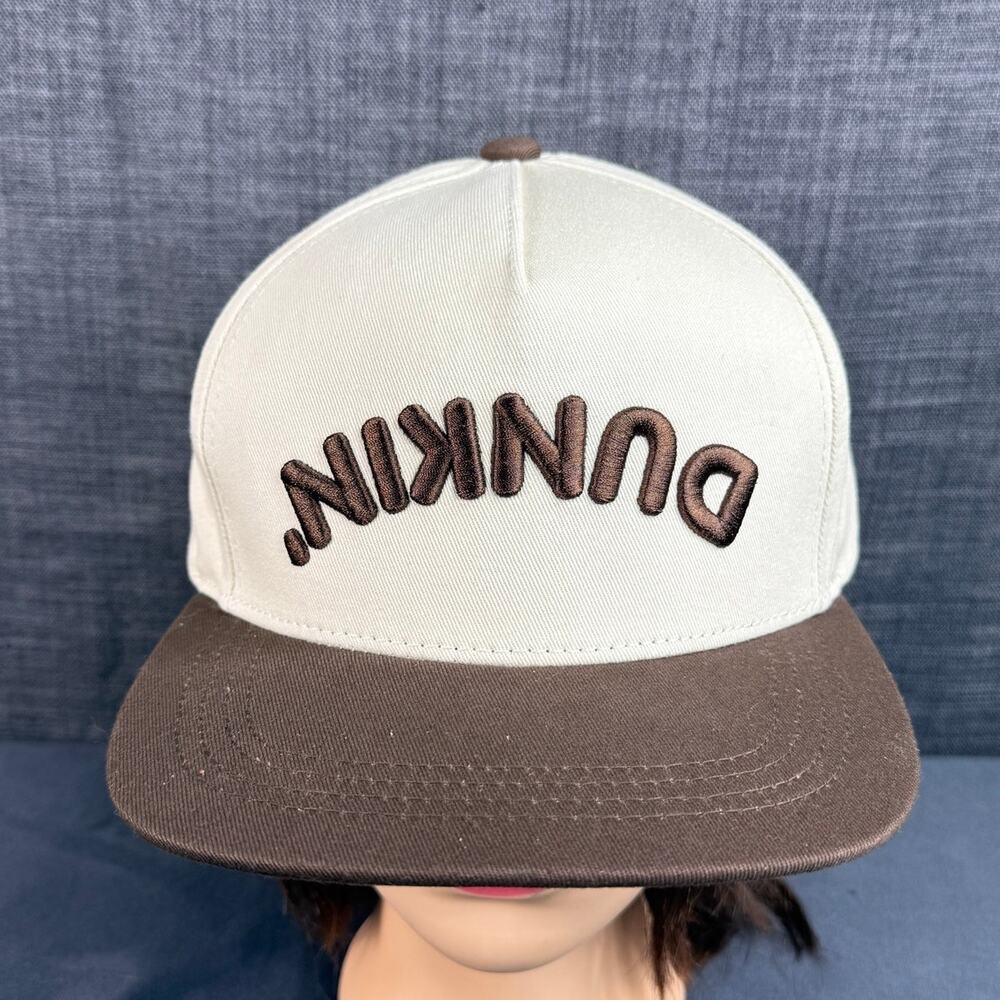 Dunkin Donuts Hat Cream Brown Flat Brim Snapback Upside Down Embroidered Logo